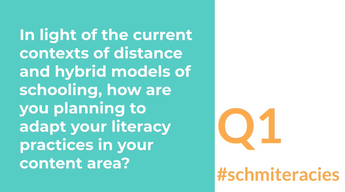 evreigh's tweet photo. Q1: In light of the current contexts of distance and hybrid models of schooling, how are you planning to adapt your literacy practices in your content area? #schmiteracies https://t.co/ESwooWV62V