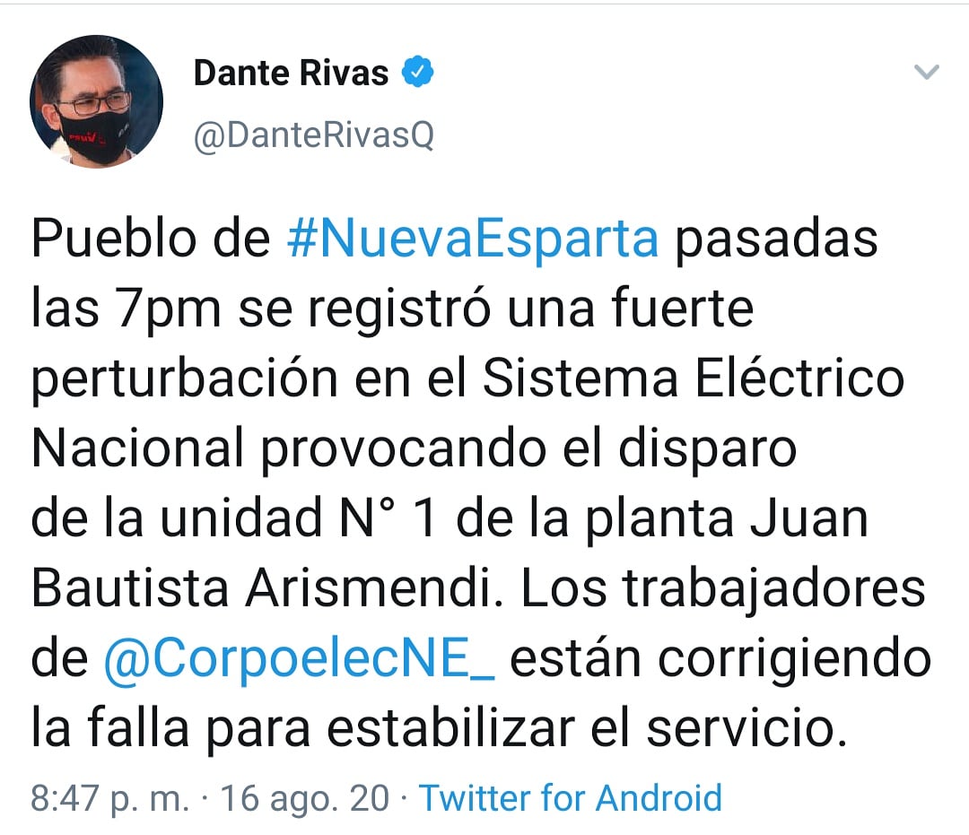 #Ahora Reportan fuerte perturbación en el SEN que causa que algunos sectores que la planta termoeléctrica Juan Bautista Arismendi, provee de electricidad, no haya servicio - vía <a href="/DanteRivasQ/">Dante Rivas</a>