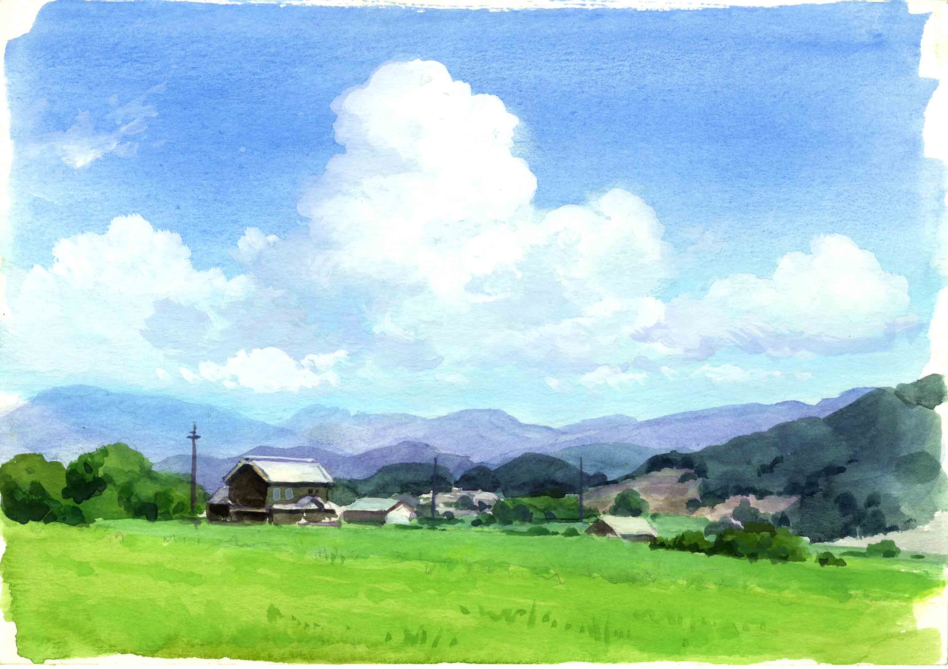 水彩画「太陽と木と雲」 水彩画「太陽と木と雲」 Eng sub] What color is the cloudy sky