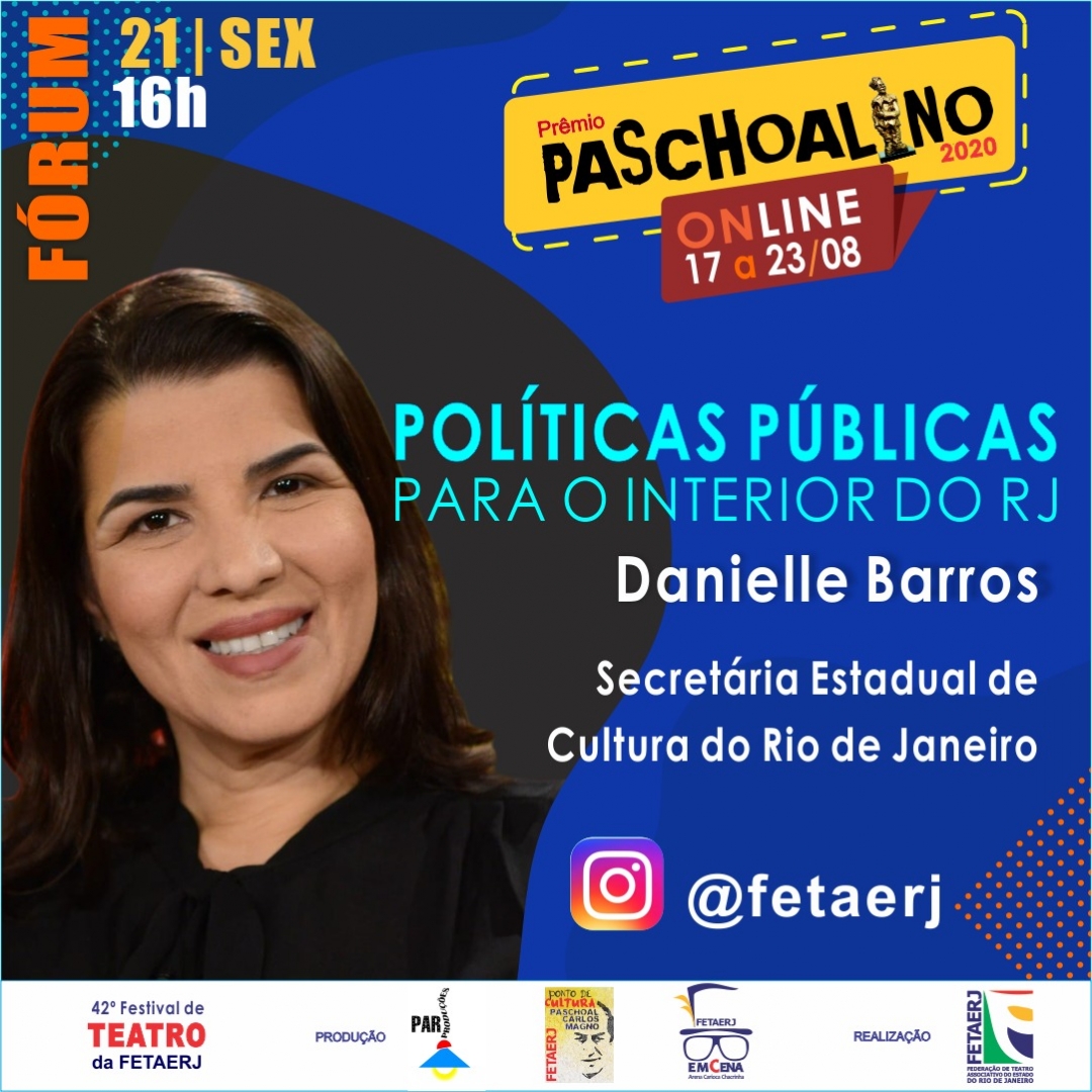 FETAERJ's tweet photo. 📣Vai rolar no PRÊMIO PASCHOALINO 2020 - Online📣
Fórum: POLÍTICAS PÚBLICAS PARA O INTERIOR DO ESTADO DO RJ com Danielle Barros, Secretária Estadual de Cultura do Rio

#fetaerj  #paschoalino #premiopaschoalino #paschoalino2020 #cultura #culturarj #PolíticasPúblicas #InteriorRJ https://t.co/1cp9CJCRlP