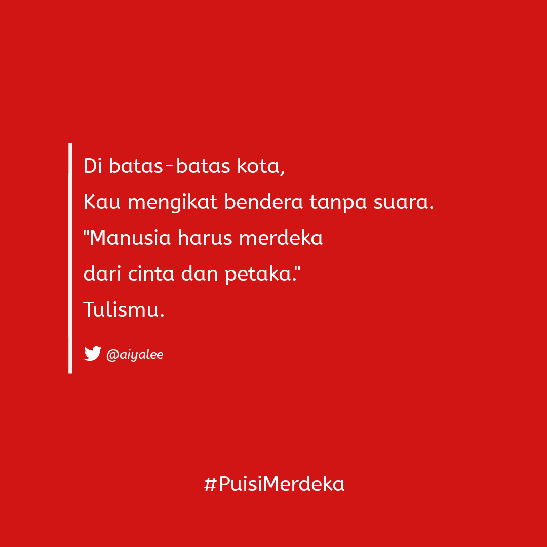 aiyalee's tweet photo. Dirgahayu Indonesia, sayang. Merdekalah lama-lama, jauh-jauh, tinggi-tinggi! #PuisiMerdeka #HUTRI75 https://t.co/j2ZiUY8Kwz