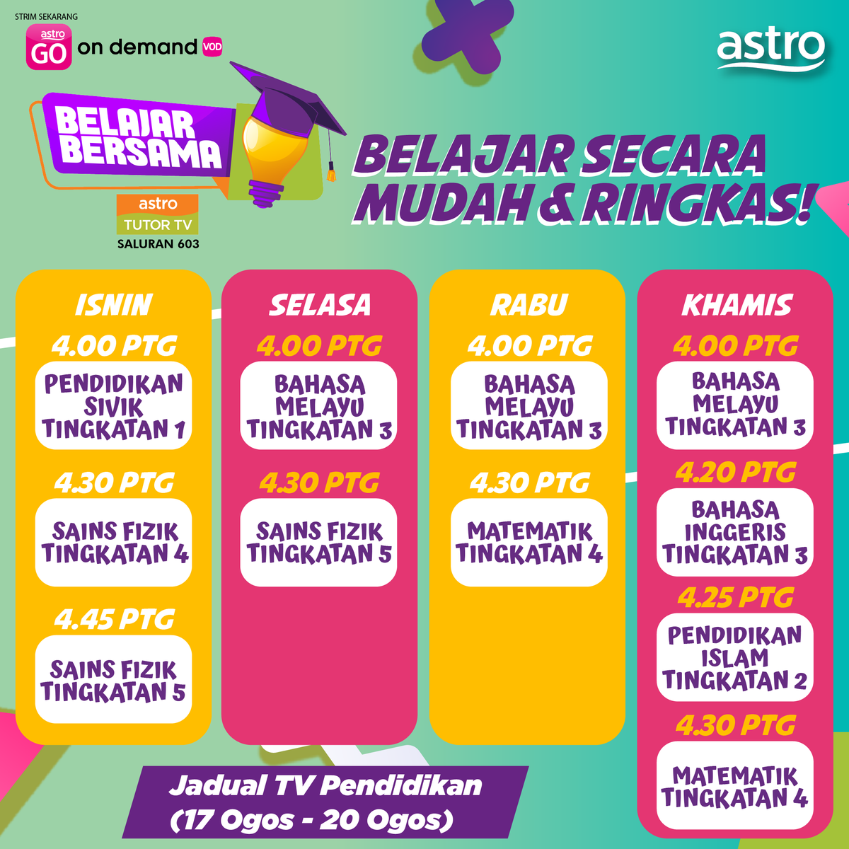 astroonline's tweet photo. Macam mana nak belajar secara mudah dan ringkas? Senang je, jom #BelajarBersamaTTV di #AstroTutorTV dan Kementerian Pendidikan dengan cara yang lebih menarik dan berkesan di saluran 601 atau 603. Korang juga boleh strim sekarang di Astro GO atau On Demand! https://t.co/usli4NNkw1
