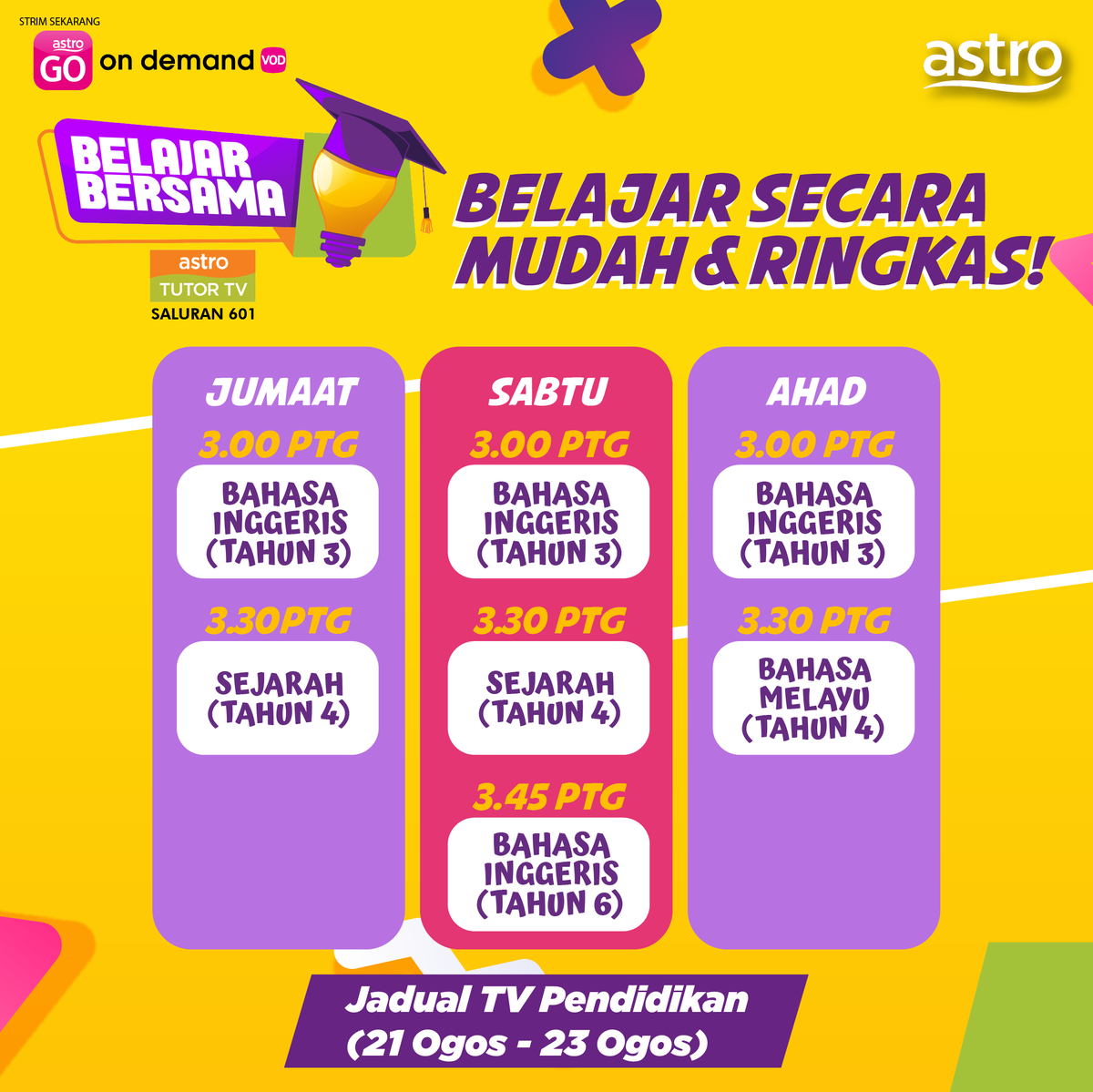 astroonline's tweet photo. Macam mana nak belajar secara mudah dan ringkas? Senang je, jom #BelajarBersamaTTV di #AstroTutorTV dan Kementerian Pendidikan dengan cara yang lebih menarik dan berkesan di saluran 601 atau 603. Korang juga boleh strim sekarang di Astro GO atau On Demand! https://t.co/usli4NNkw1