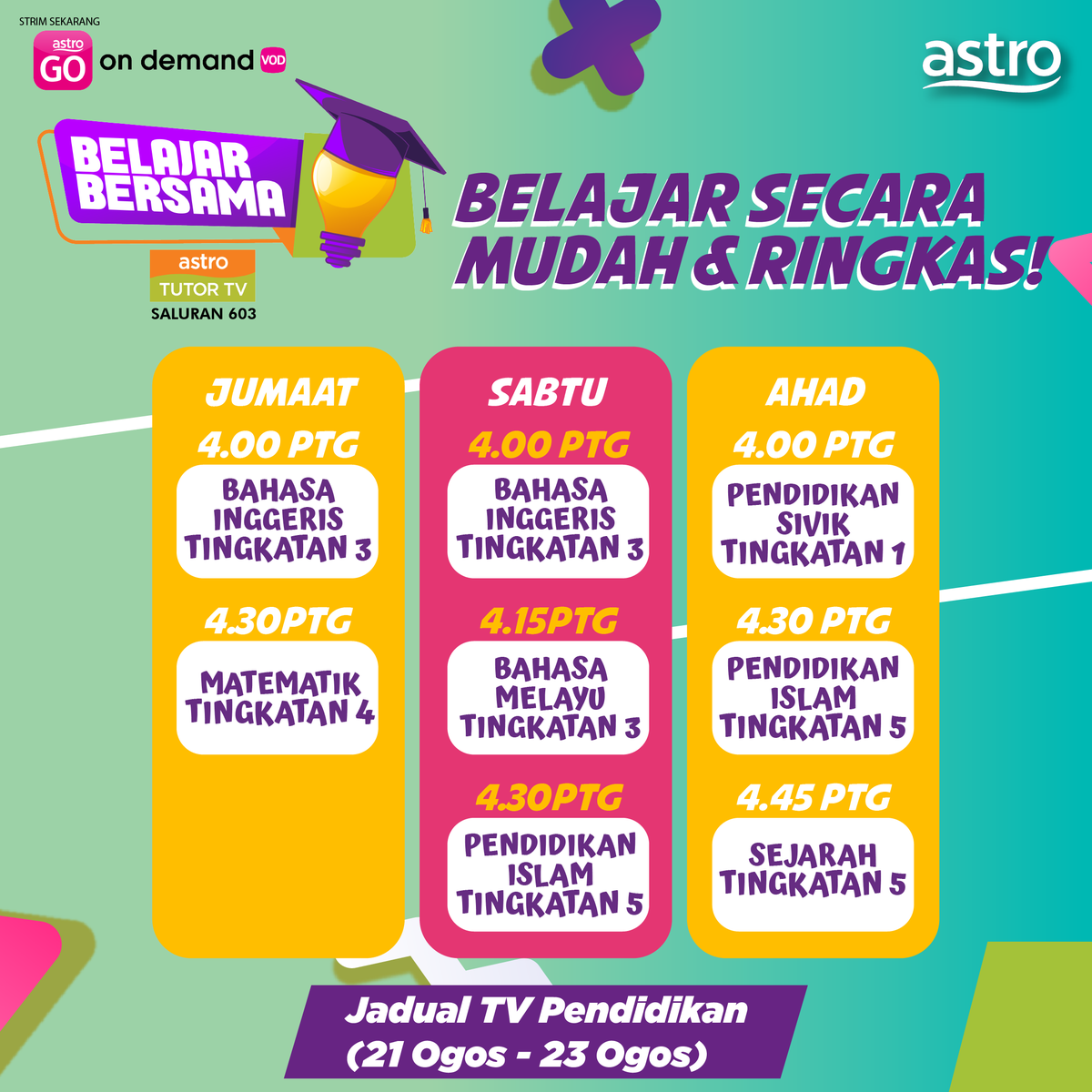astroonline's tweet photo. Macam mana nak belajar secara mudah dan ringkas? Senang je, jom #BelajarBersamaTTV di #AstroTutorTV dan Kementerian Pendidikan dengan cara yang lebih menarik dan berkesan di saluran 601 atau 603. Korang juga boleh strim sekarang di Astro GO atau On Demand! https://t.co/usli4NNkw1