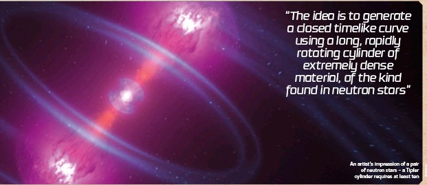 The idea is that you take material 10 times the mass of the sun, squeeze it, roll it into a very long but dense cylinder, get it up to speed, maybe around a few billion revolutions per minute. Then, a spacecraft would be able to travel around the curve of this cylinder... (17/20)