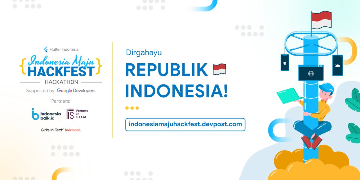 GDGMakassar's tweet photo. "Pada momen kemerdekaan ini Flutter Indonesia mengundang Anda untuk membangun solusi yang berdampak melalui kegiatan Hackathon online, Indonesia Maju HackFest. Mari bersama-sama membangun Indonesia yang lebih baik. 🥳

✍🏻 Yuk daftar → https://t.co/4sxBGxbidR" https://t.co/a7ujHMNqYx