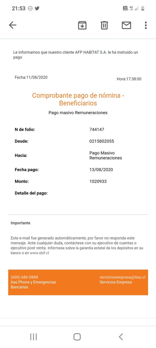 RDragoU's tweet photo. 4 días que debieran haber depositado el #10% y aun nada @afphabitat @Habitat_Ayuda incluso llego correo de @itauchile y en el banco indican que NO saben nada de la plata https://t.co/71ISPVzQv7