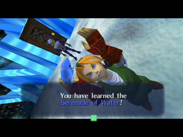 One of JacePlace's finds. The old song-learning cutscenes have Link do this pose. (There should be a musical note item above his head, but the object isn't loaded in the final scene.)