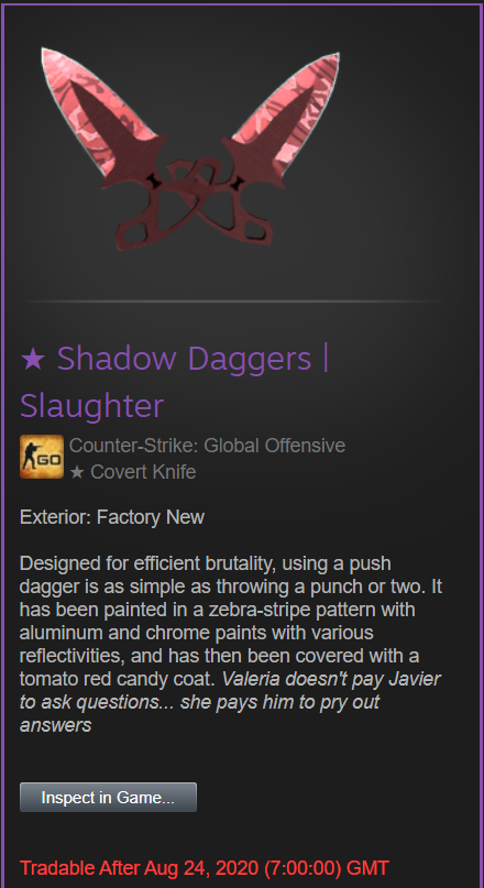 Original_Dollar's tweet photo. GIVEAWAY 🔥
I'm giving away a ★ Shadow Daggers | Slaughter FN

To enter simply: 
- Follow me 
@Original_Dollar
- Subscribe to my YT 
- Retweet this post 
- Tag a friend 
- Worth $150 USD

PICKING WINNER IN 7 DAYS ⏰ 
#CSGOGiveaway #CSGO #CSGOSkins https://t.co/Mk0RbqSSBk