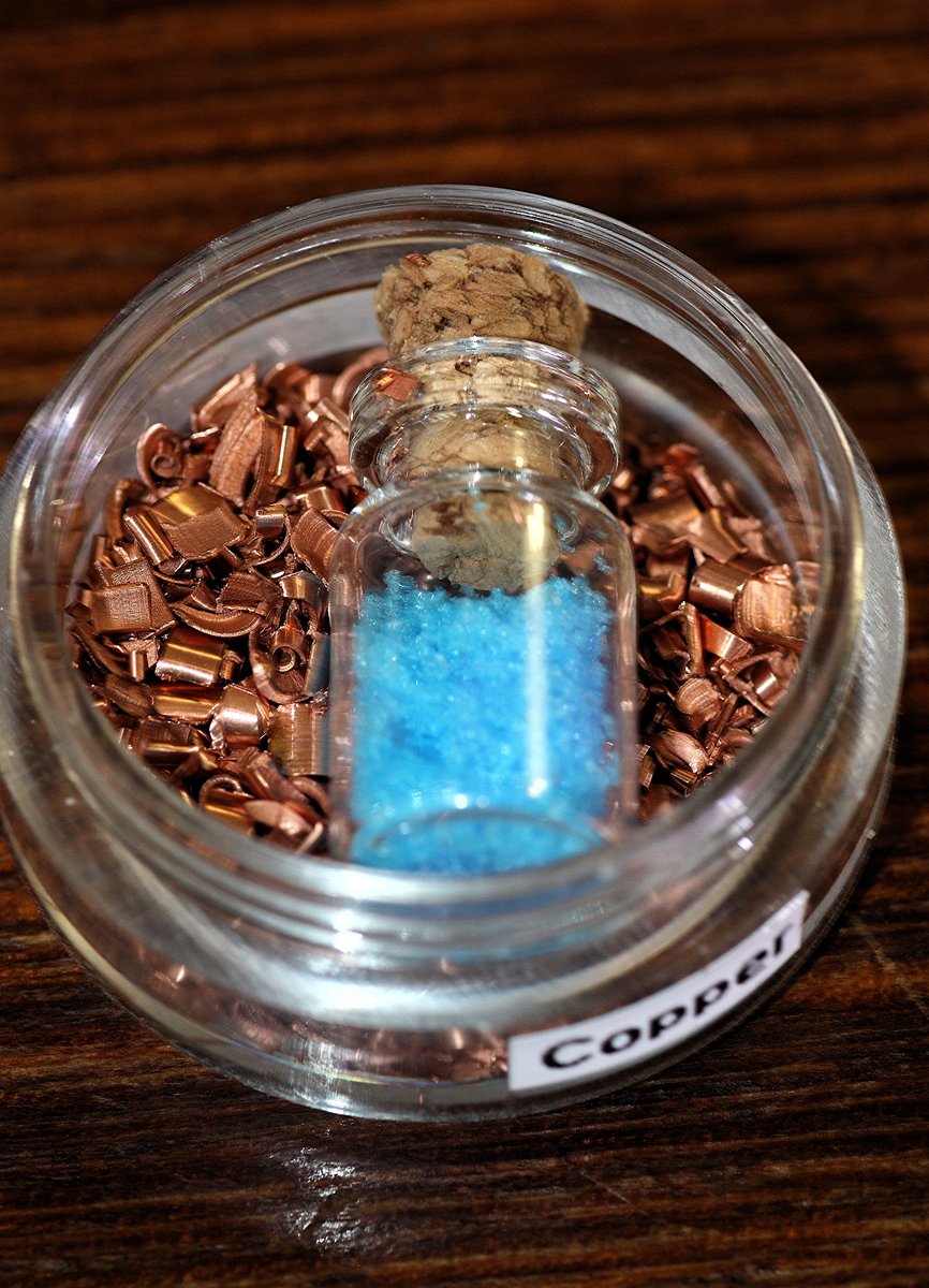 Copper  #elementphotos. Like silver and gold, copper can be found naturally as nuggets. Blue compound is copper sulphate (CuSO4.5H2O).