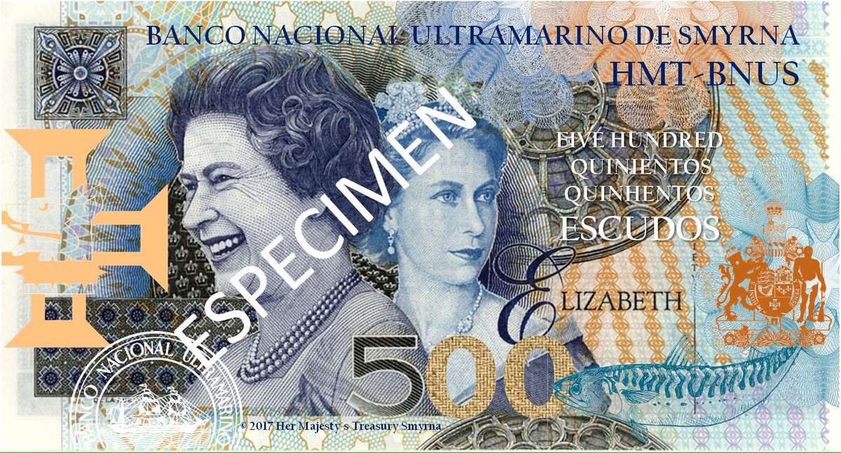 _BNUS's tweet photo. The Smyrnian Escudo (ESC) banknote series 2020. #micronation  Our 500 Five Hundred Escudo banknote featuring Her Majesty The Queen. @SmyrnaGov https://t.co/mfMSb4Q0cb