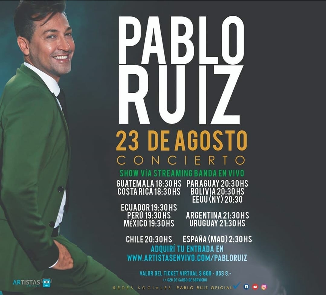 Queridos fans se acerca el día , ya tienen su entrada?
Pasos para adquirir entrada.
1. Ingresar a artistasenvivo.com
2. Seleccionar show de @pabloruizoficial
3. Registrarse con sus datos, email y contraseña.
4. Comprar tickets.