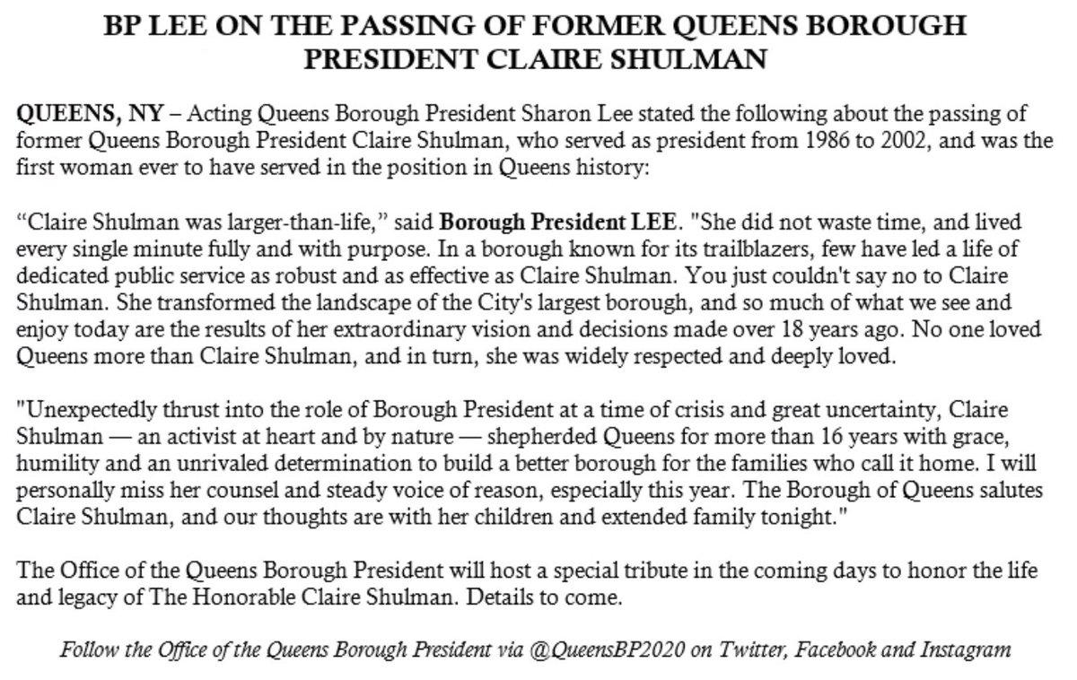 Claire Shulman was larger-than-life. She did not waste time, and lived every single minute fully and with purpose. In a borough known for its trailblazers, few have led a life of dedicated public service as robust and as effective as Claire Shulman. (1/5)