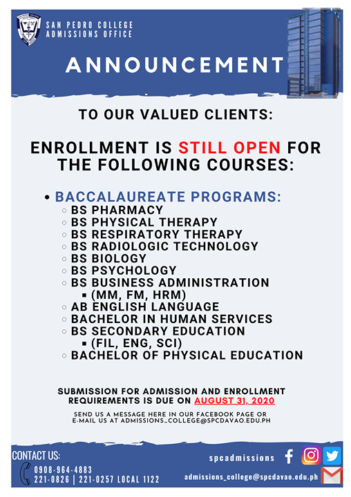 SPCadmissions's tweet photo. ~ ANNOUNCEMENT ~ 
ENROLLMENT FOR INCOMING 1ST YEAR STUDENTS IS STILL OPEN FOR THE FOLLOWING COURSES: https://t.co/nEbweS2uN4