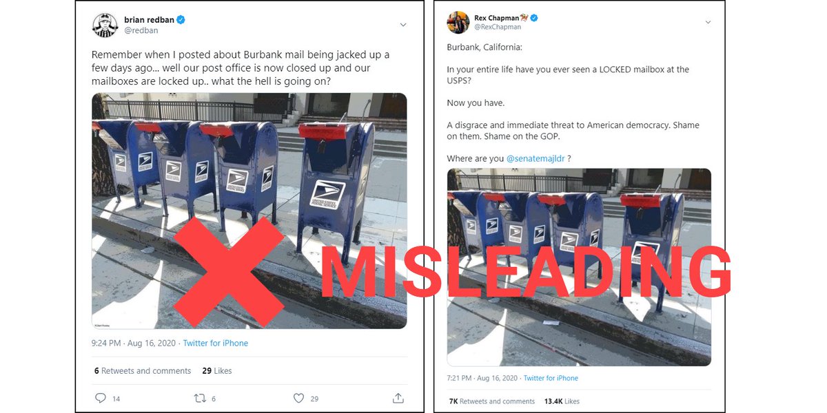  #Teachers: The false viral claim that a photo of locked mailboxes at a post office in Burbank, Calif. is evidence of an attempt to suppress votes is a great opportunity to engage students around questions of authenticity, evidence and verification.
