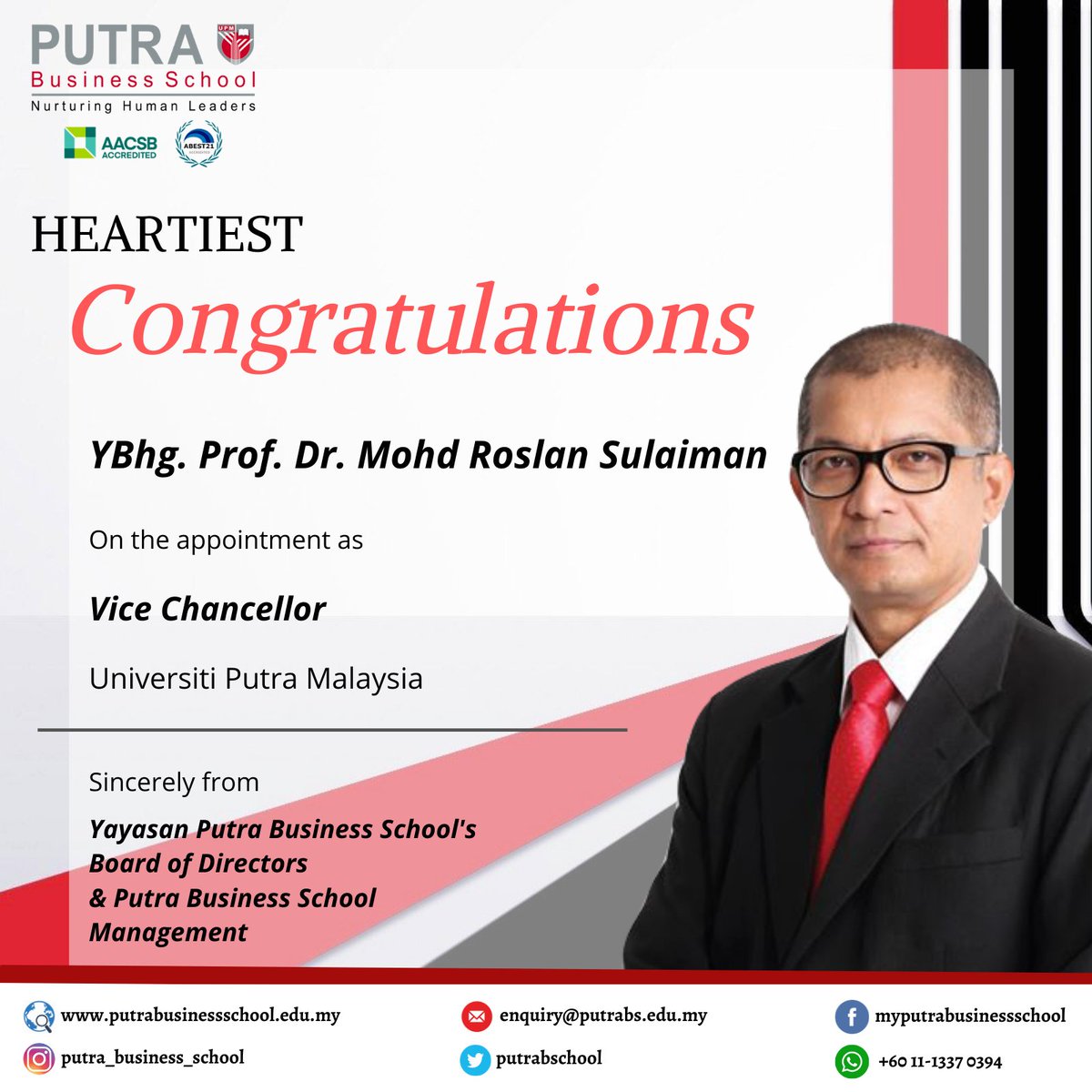 Heartiest congratulations to YBhg. Prof. Dr. Mohd Roslan Sulaiman on his appointment as the Vice Chancellor of Universiti Putra Malaysia; from Yayasan Putra Business School's (YPBS) Board of Directors and #PutraBusinessSchool management team. #UPM #UniversitiPutraMalaysia