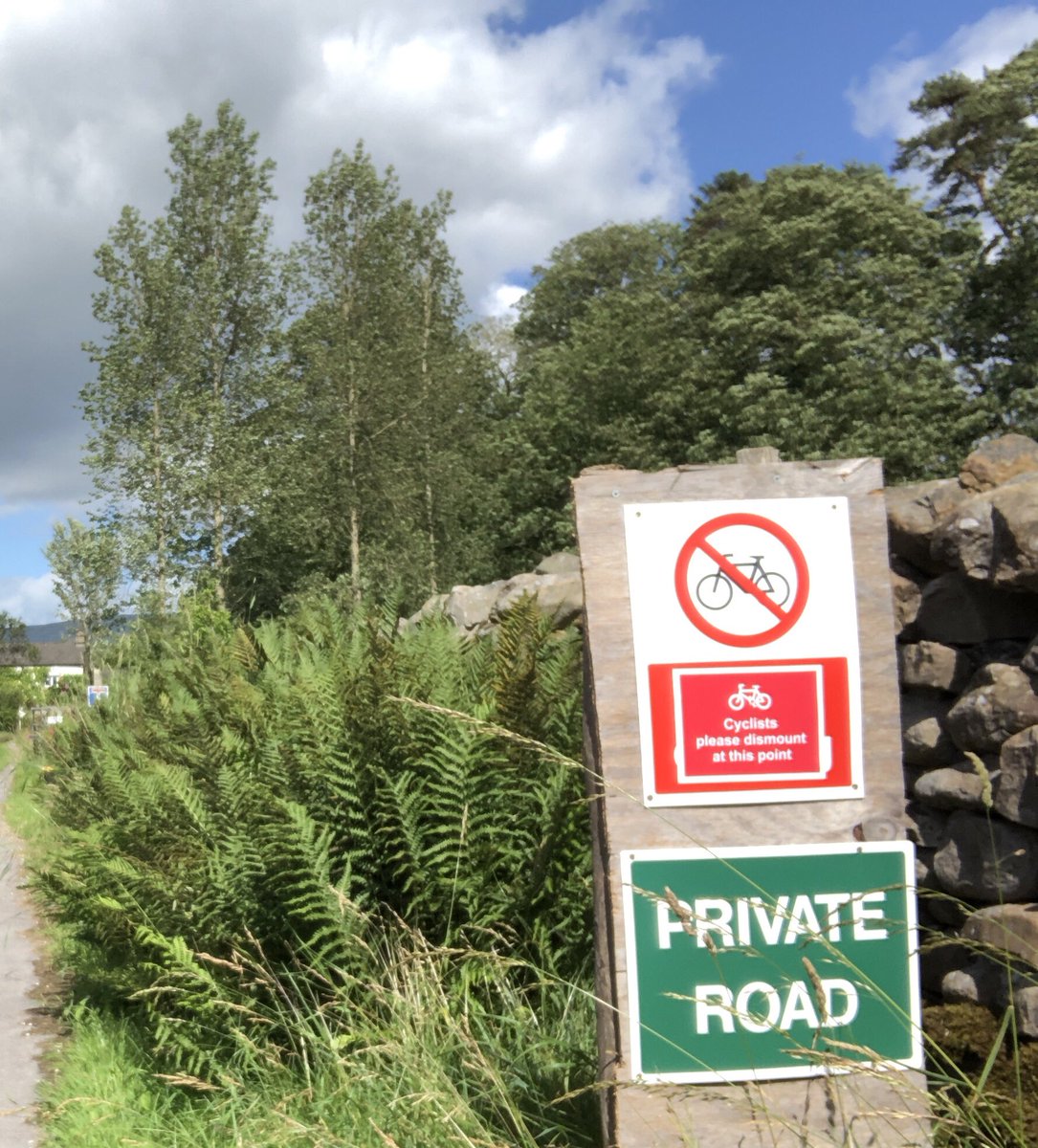 I then also got a more polite adhesive sign and put it over the NO CYCLING sign at the entrance to the lane. Anyway, while we were on holiday a friend sent us a pic of the absence of. NO CYCLING signs. They’ve all gone. No idea what happened. But they’re gone. 19/.