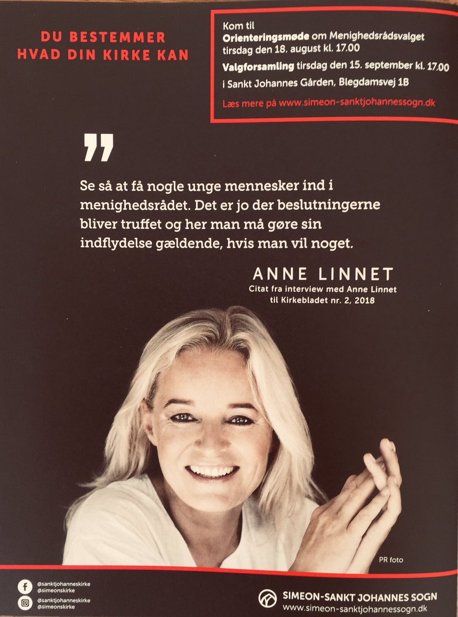 PerVibskov's tweet photo. Anne Linnet siger det og det er sandt: 
Det er i menighedsrådet, at beslutningerne bliver truffet og man kan gøre sin indflydelse gældende. Så kom nu, Danmarks unge!
Orienteringsmøde tirsdag den 18/7 i Sankt Johannes gården kl. 17 og valg den 15/9. Ses vi? #folkekirken #nørrebro https://t.co/4AwOYy3RTG