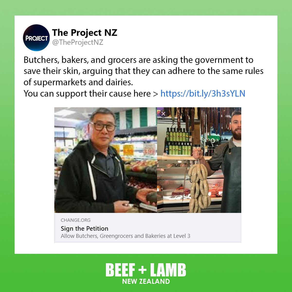 BeefLambNZ's tweet photo. Retail Meat NZ GM, Pippa Hawkins, joined @TheProject_NZ to discuss the urgent need for butchers to be allowed to open under Alert Level 3.
You can add your voice and sign the petition here > https://t.co/BdDDvsCLRR
#theprojectnz #supportyourbutcher #nzpol #lockdownnz https://t.co/lffiGwEY4k