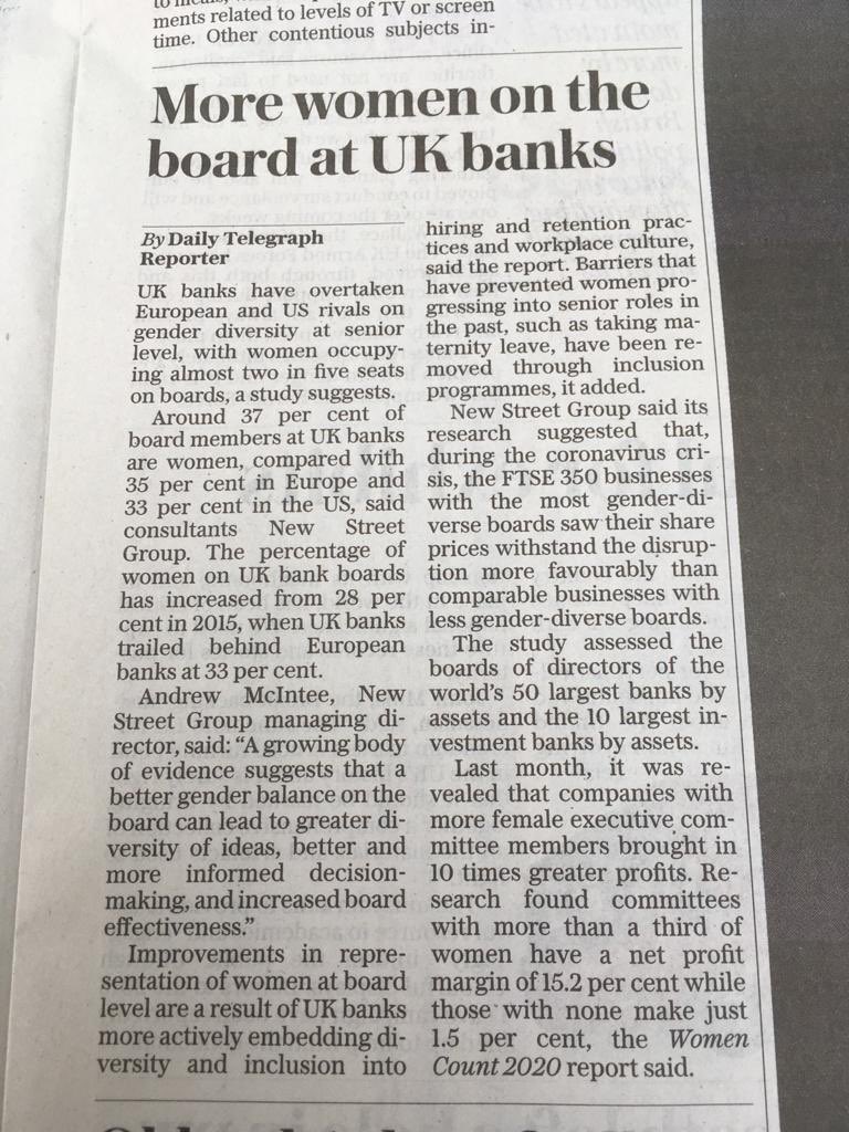 Enjoyed this piece in ⁦<a href="/Telegraph/">The Telegraph</a>⁩ today showing that UK banks saw a rise from 28% to 37% women on their boards in 5 years. Also quotes companies with more women on Exco are outperforming less diverse players.⁦ ⁦<a href="/30percentclub/">30% Club</a>⁩