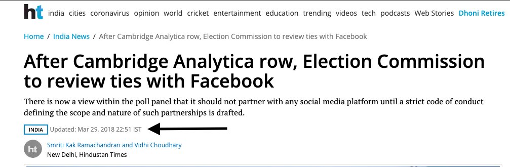 Then, just 2 days later on March 29, several ECI officials were reported as saying that ties with Facebook India must be reviewed after the Cambridge Analytica revelations in the US on election manipulation.Sadly, the partnership between ECI & Facebook India remained.(4/9)