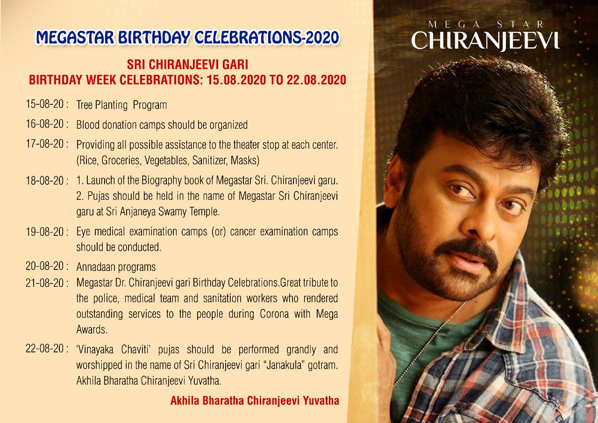Our #AkhilaBharathaChiranjeeviYuvatha <a href="/ABChiruYuvatha/">Akhila Bharatha Chiranjeevi Yuvatha</a> celebrations schedule on our Boss #MegastarChiranjeevi <a href="/KChiruTweets/">Chiranjeevi Konidela</a> B'Day