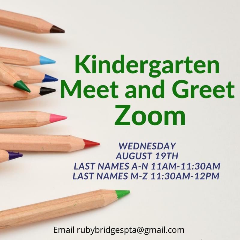 RubyBridgesPTA's tweet photo. Ruby Bridges Elementary School will be holding a Zoom Meet and Greet for families of incoming Kindergarteners on August 19th. Families with last names beginning with A-N will be from 11 to 11:30. Families with last names beginning with M-Z will be from 11:30am to 12pm. https://t.co/ihslPSli4o