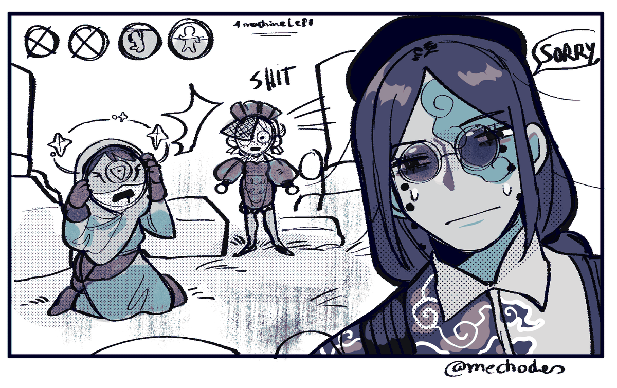 oh yeah
the 5vs5 experience as a main hunter,,,,,,,
When the match is already hard and you have 2/1 machines left but also have to kill all of them,,,,

TIME TO BLEED OUT,,,-IM SO SOWWY
I had to draw it hahaha!

#IdentityV #identityVイラスト #characters 