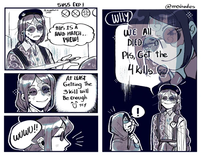 oh yeah
the 5vs5 experience as a main hunter,,,,,,,
When the match is already hard and you have 2/1 machines left but also have to kill all of them,,,,

TIME TO BLEED OUT,,,-IM SO SOWWY
I had to draw it hahaha!

#IdentityV #identityVイラスト #characters 