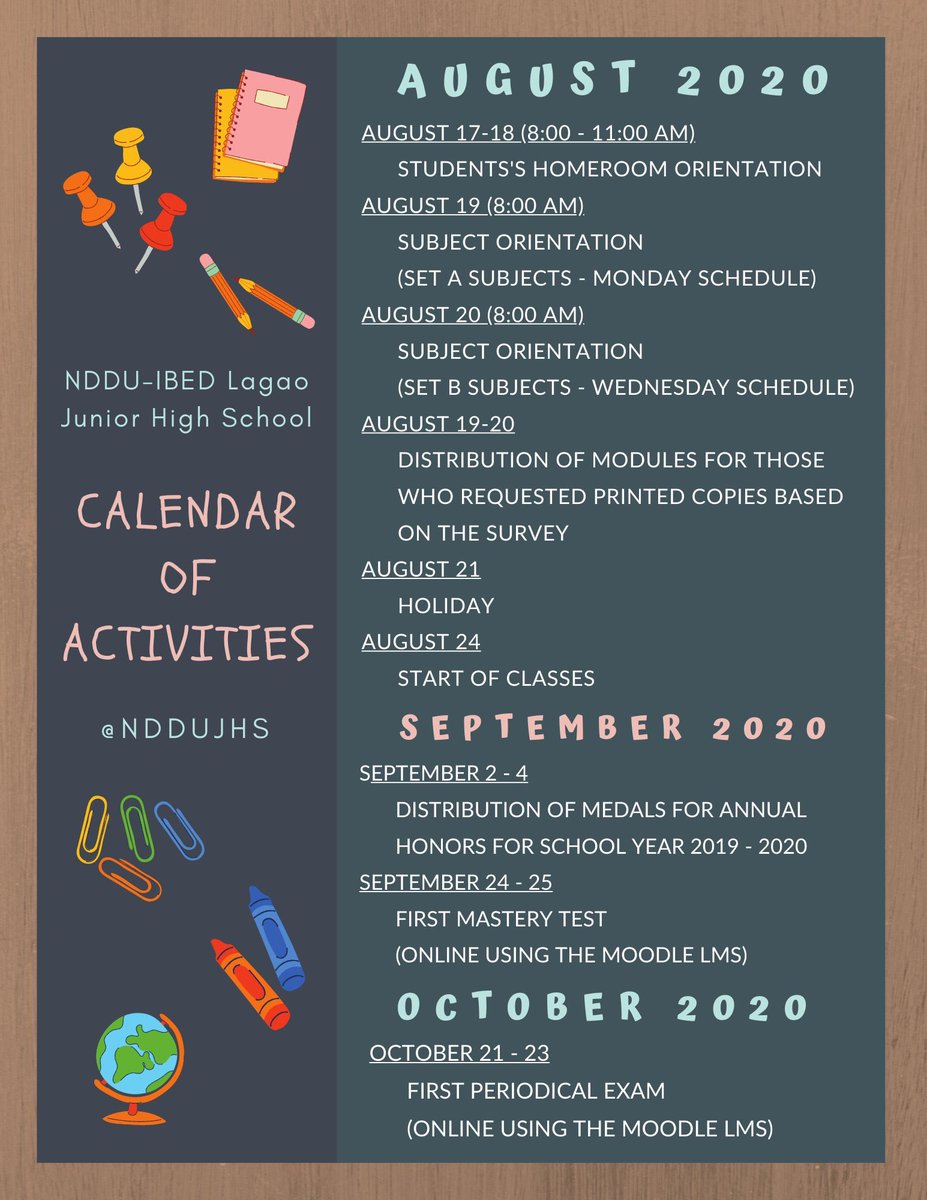 NDDUJHSSSC's tweet photo. Maayong buntag Dameans! Check out the updated Calendar of Activities for August, September, and October. 

For futher updates, follow all offical Supreme Student Council accounts located in our header. Thank you and God bless! 💚💛 https://t.co/0aHLwkDZiR