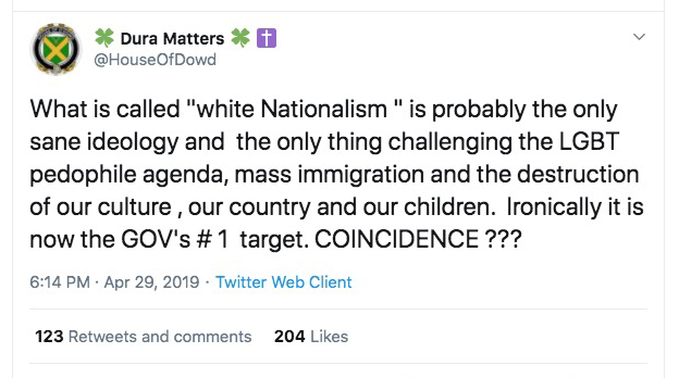He's a follower of the nonexistent ideology of "white nationalism."