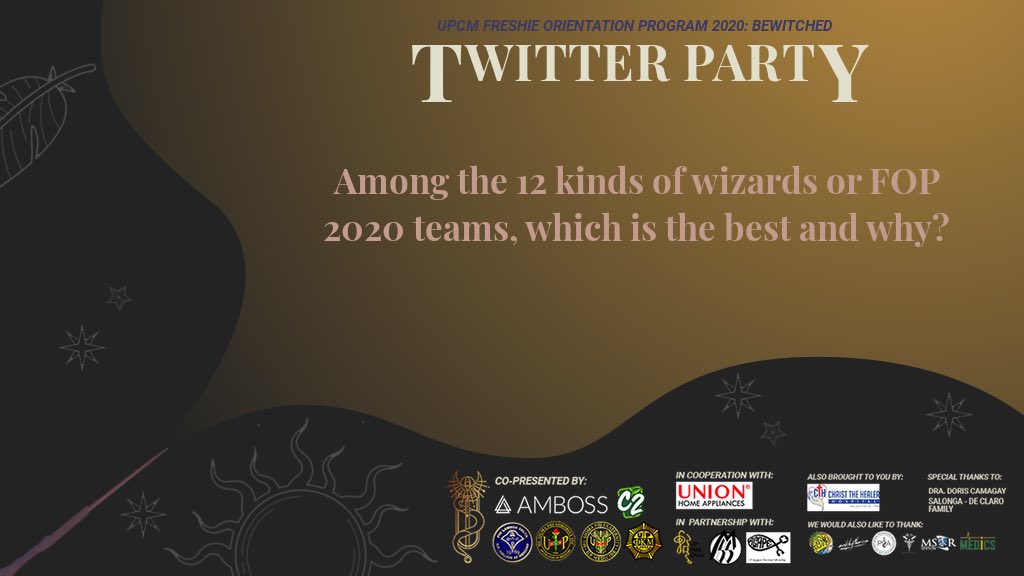 UPCMFOP2020's tweet photo. ✨ THE TIME HAS COME FOR US TO KNOW WHO THE BEST WIZARDS ARE! ✨

Who is the best team?
Who will win the battle?

Show your team’s camaraderie!
Battle it out with spells, words, and magic.

You only have until August 18, 3pm to do so!! Hurry! https://t.co/XTZxEgHDdI