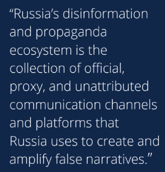 3/ Russia’s disinformation and propaganda ecosystem consists of five main pillars:PI -  - Official CommunicationsPII -  - State-Funded MediaPIII - - Proxy SourcesPIV - - Weaponization of Social MediaPV -  - Cyber-Enabled Disinformation