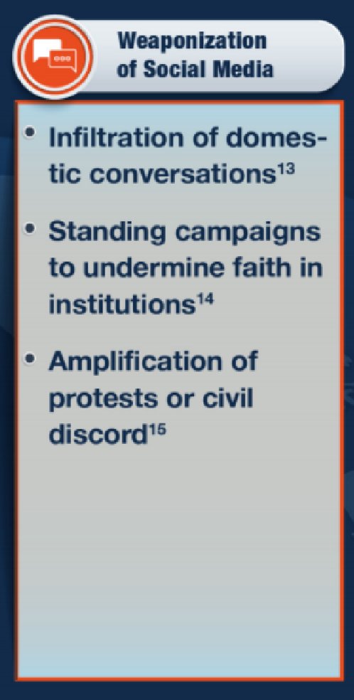 7/ Pillar IV - - Weaponization of Social MediaInfiltration of domestic conversationsStanding campaigns to inflame domestic discord and undermine faith in institutionsAmplification of protests or civil discordConnection to Russia: Somewhat Denied