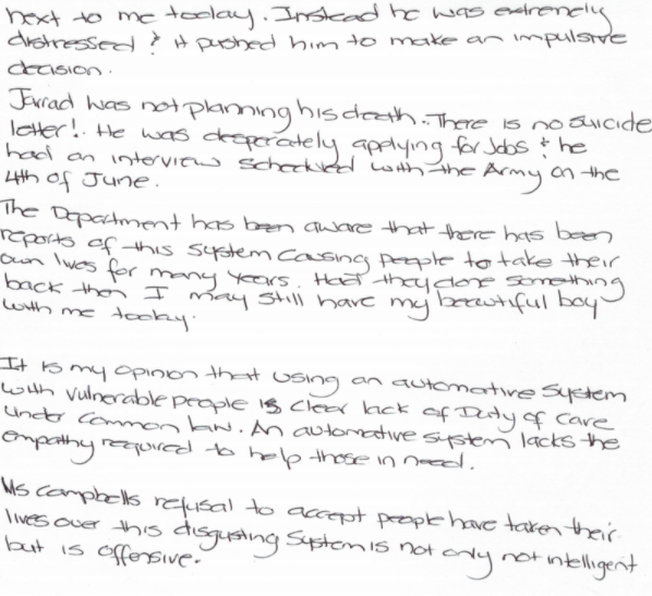 lukehgomes's tweet photo. A heartbreaking letter from Kath Madgwick to the Senate. Her son Jarrad, 22, committed suicide and had received a robodebt. https://t.co/19uvsweQLx