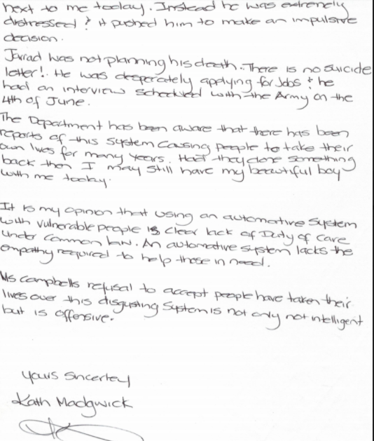 lukehgomes's tweet photo. A heartbreaking letter from Kath Madgwick to the Senate. Her son Jarrad, 22, committed suicide and had received a robodebt. https://t.co/19uvsweQLx
