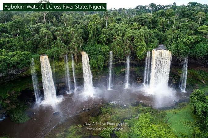 7. Agbokim Waterfall Agbokim waterfalls are situated in the Etung local government area of Cross River State in south-eastern Nigeria, very close to its border with Cameroon. The waterfalls are about 15 km from Ikom and 320 km from Calabar.