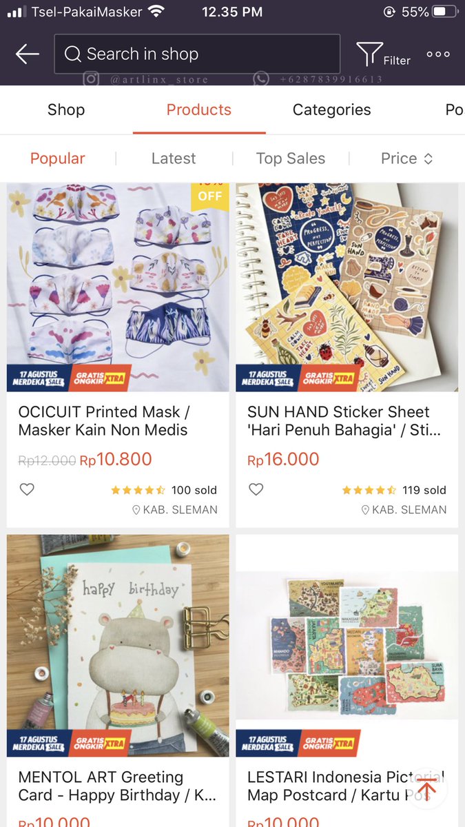 ♡ artlinx store - curated store this sleman based online store has a big selection of local artist's products. from stickers, postcards to bracelets and masks. they also sell stationeries! https://shopee.co.id/artlinxstore?smtt=0.0.9