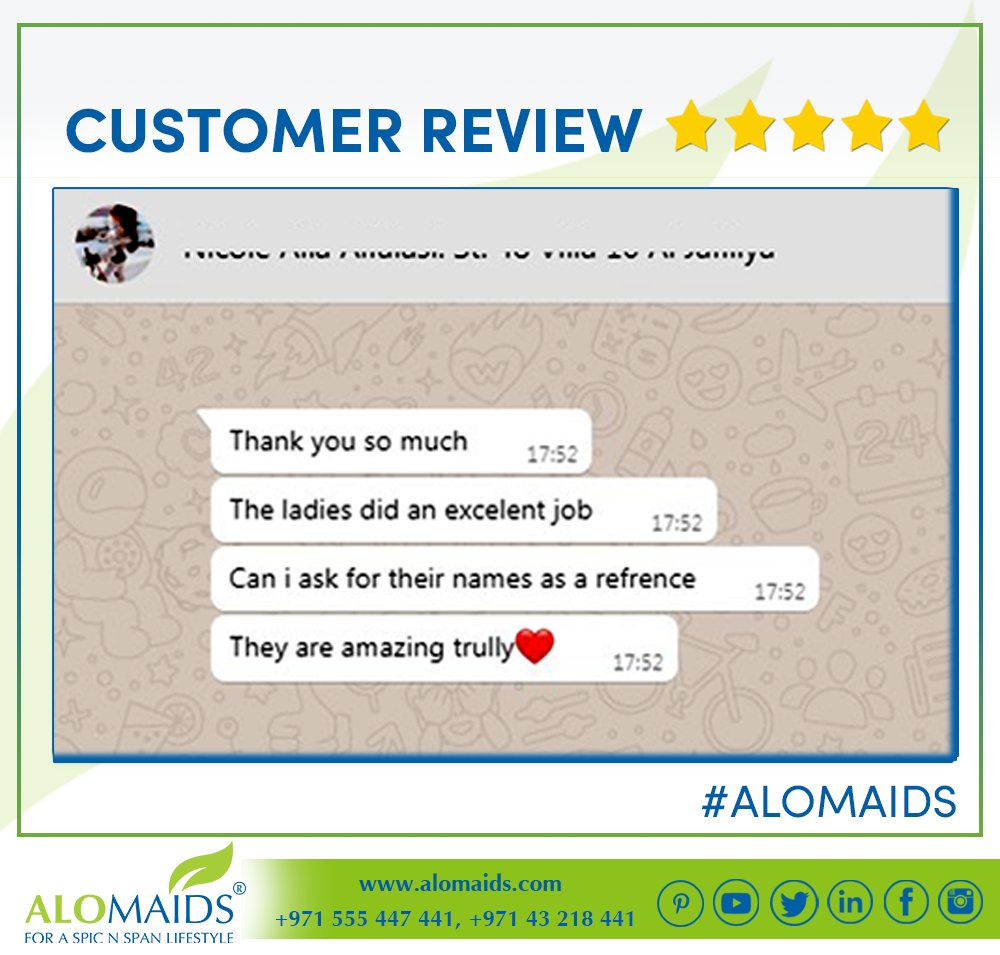 Customer satisfaction is our top priority.

#Alomaids #AlomaidsDubai #MyDubai #ProfessionalMaids #MaidServicesDubai #Backtoschool #OfficeCleaning #HomeCleaning #WashingIroning #Petsitting #BabySitting #Ironing #Homecleaningdubai #OnlyAlomaids #CustomerReview #Review