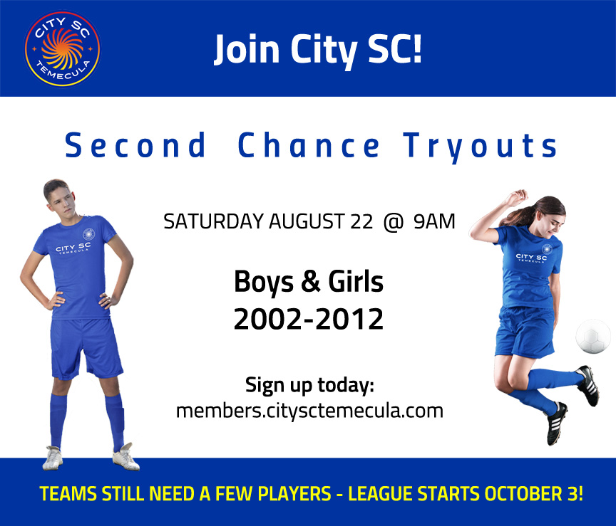 CitySCTemecula's tweet photo. Join City SC Temecula! 'Second Chance Tryouts' are hosted Sat Aug 22 @ 9am in Temecula. A few teams need players, boys &amp; girls 2002-2012,
https://t.co/V0iF2i94hI

#Temecula #murrieta #menifee https://t.co/NxXteik6er