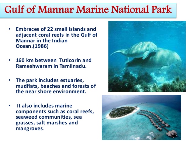 Gulf of Mannar Marine National Park** It is a significant habitat for the dugong commonly known as “sea cows”, which is listed as vulnerable in IUCN Red List of Threatened Species.** It is a protected area consisting of 21 small islands in the Indian Ocean.