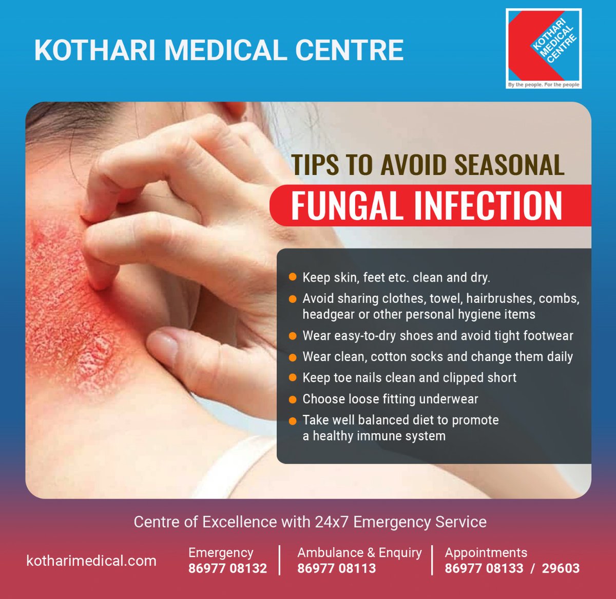 Prevent fungal infections from taking a foothold at home, your best defense is to keep skin clean and dry and follow this simple tips to avoid seasonal fungal infection.
#fungalinfection #preventinfection #healthcare #hospital #Indianmedicalassociation #Kotharimedical #kolkata