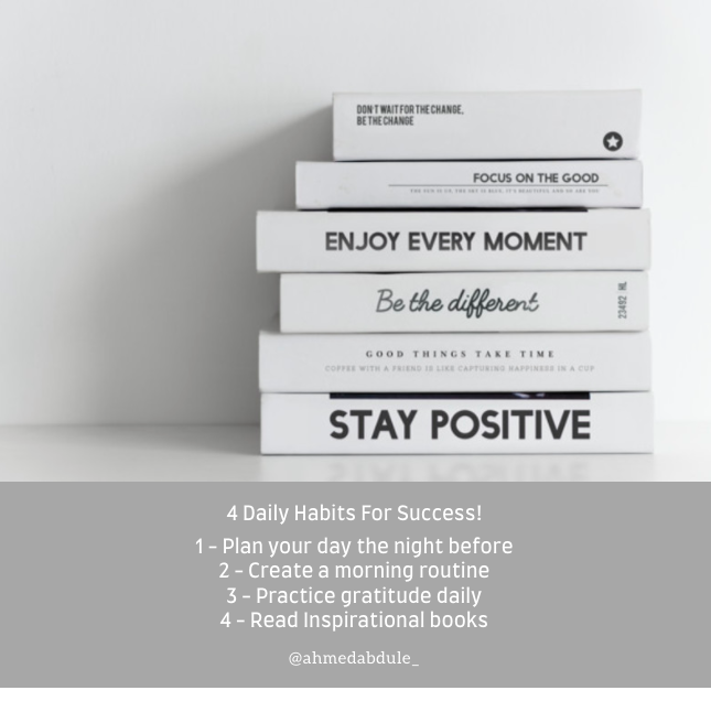 4 Daily Habits For Success! 🌟
1 - Plan your day the night before 💤
2 - Create a morning routine 📝
3 - Practice gratitude daily ✨
4 - Read Inspirational books 📚

#Success #SuccessMotivation #Goals
