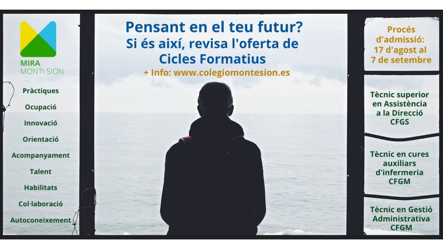 ColeMontesion's tweet photo. #CCFFMontesión 

ATENCIÓ!

🟢 Tràmit d'admissió obert a FP Presencial!
🔵 Tràmit Ordinari: Del 17 d'agost al 7 de setembre 

🟠 Pàgina Web Accés al tràmit online: https://t.co/ofAfAsuHC6 https://t.co/bq4xUUrEjN