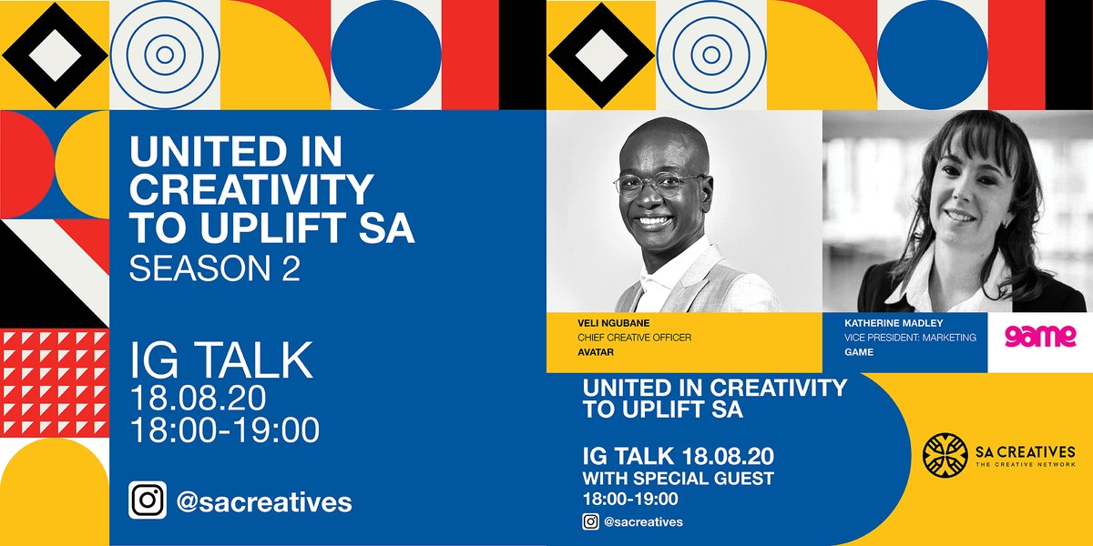 thesacreatives's tweet photo. Join @TheNduna, CCO of @Avatar_ZA tomorrow at 6pm for our #UnitedInCreativity sessions as he hosts @MadleyKatherine, Vice President for Marketing at @Game_Stores Watch it here: https://t.co/JSCDLFnDUO #UnitedInCreativity https://t.co/jTQPPXRCw1