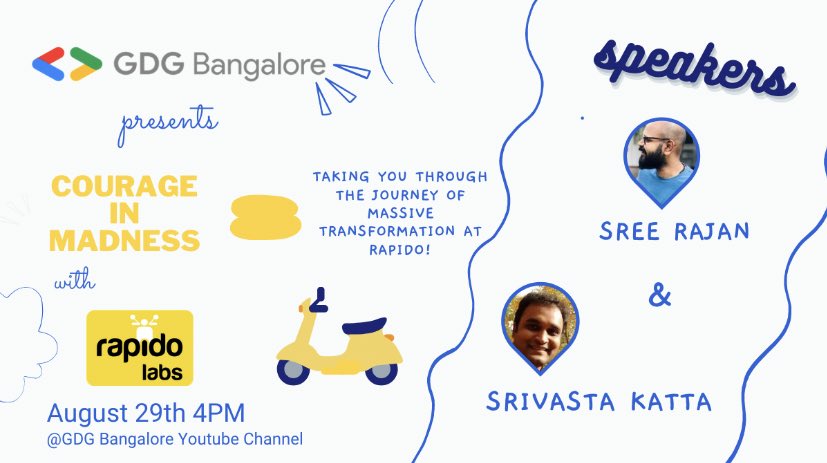 Monday Morning announcement!
Sign up for our upcoming event-Courage in Madness.
The journey of Migration to Google Cloud <a href="/rapidobikeapp/">Rapido</a> 
Know more about the ride to massive transformation and the speedbreakers on the way!
Pin your cals : August 29th, 4pm

 meetu.ps/e/JgFGx/LfHb2/a