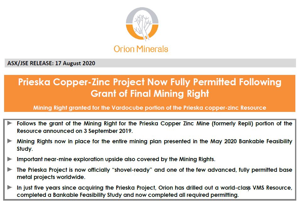 OrionMinerals's tweet image. ORION’S PRIESKA COPPER-ZINC PROJECT NOW FULLY PERMITTED FOLLOWING GRANT OF FINAL MINING RIGHT

For the full announcement, please visit orionminerals.com.au
#OrionMinerals #PrieskaProject #Mining #Copper
