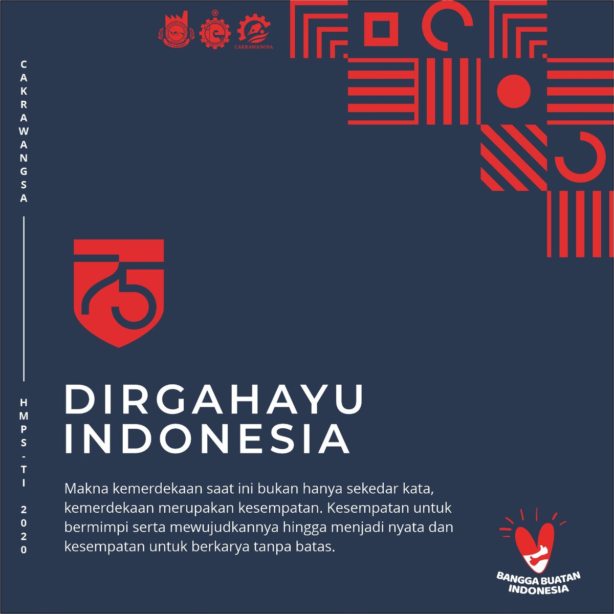 [DIRGAHAYU REPUBLIK INDONESIA KE-75]

Mari, dengan 75 tahun kemerdekaan Indoesia, kita
berikan arti untuk negeri kita tercinta ini. Bersama-sama kita terus berkarya, berinovasi, dan  berkontribusi bagi kemajuan bangsa.

#dirgahayuindonesia
#HMTI_UINSuka
#SalamDAB