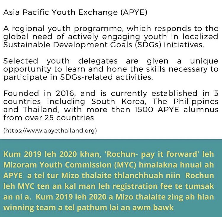 ChawikanMizoram's tweet photo. 'Rochun: Pay it Forward' leh Mizoram Youth Commission hmalakna hnuai a kum 2019 leh 2020 a APYE Mizo delegates te
Check pics below get more info on APYE & please check out the works of Rochun at https://t.co/4WyWWqsd5x
#apye #apyekorea2019 #apyethailand #exploremizoram #sdgs https://t.co/6jXCTaCjhh