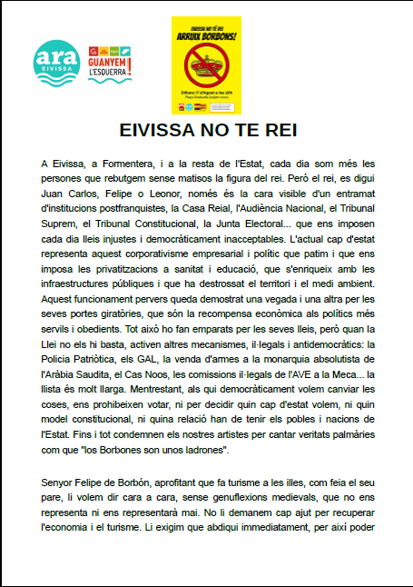 araeivissa's tweet photo. Avui 20h a la Plaça de la Graduada. Per normativa de seguretat sanitària marcada per el @goib la concentració està limitada a 30 persones i obligatori mascareta i distància de seguretat. Aquí teniu el manifest (fe-ho arribar al Borbó si algú pensa anar a rebre'l) #eivissanoterei https://t.co/gijJCpVeIJ